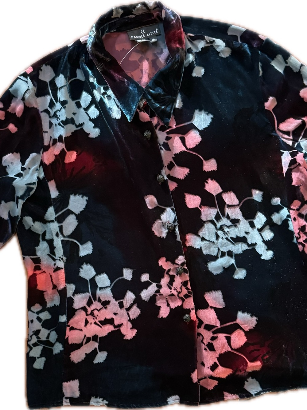 Carole Little Blue Velvet Button-Up with Pink, Blue, Red Floral Motif
